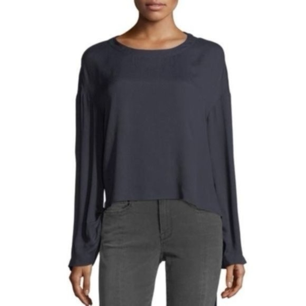 Frame Denim Long-Sleeve Crewneck Blouse in Charcoal